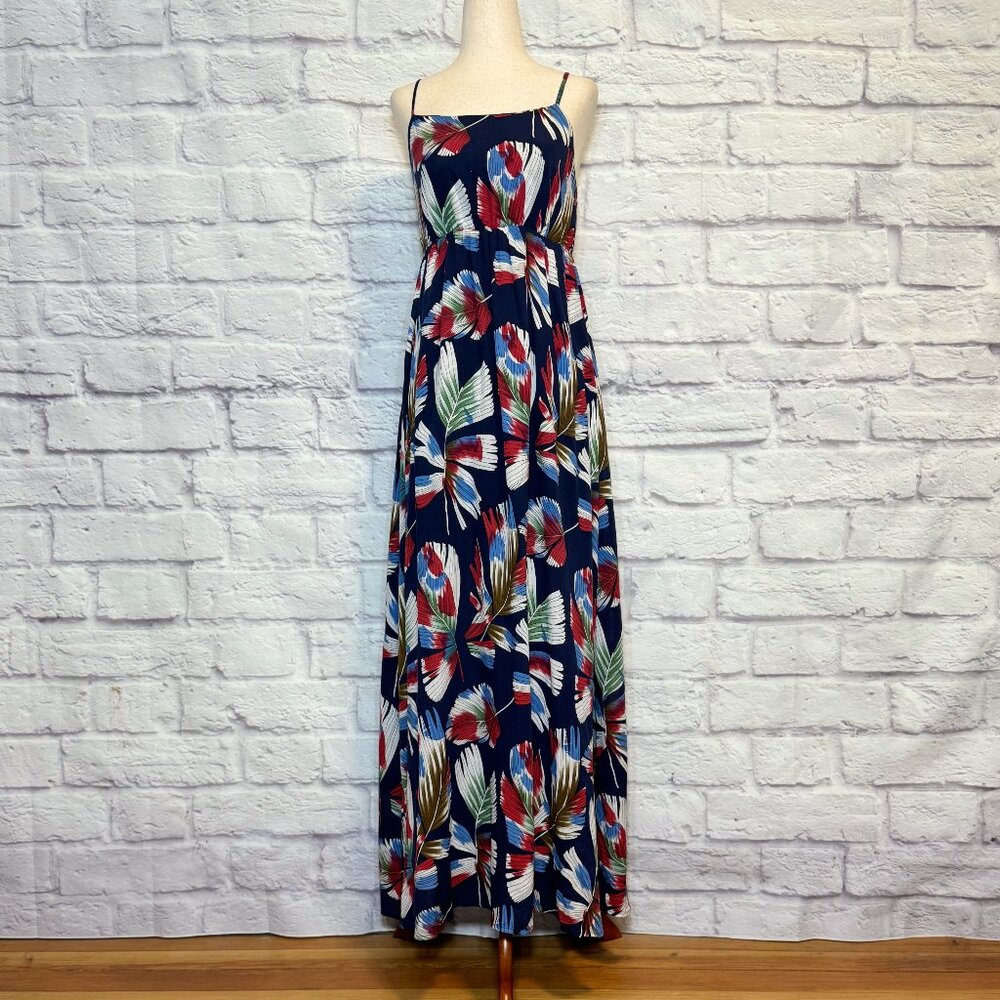 Anthropologie The Korner Navy Blue Palm Print Maxi Dress